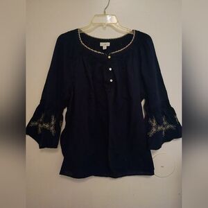 Jjill Women's Navy Blue‎ Top With Embroidery Sz XL 100% Cotton